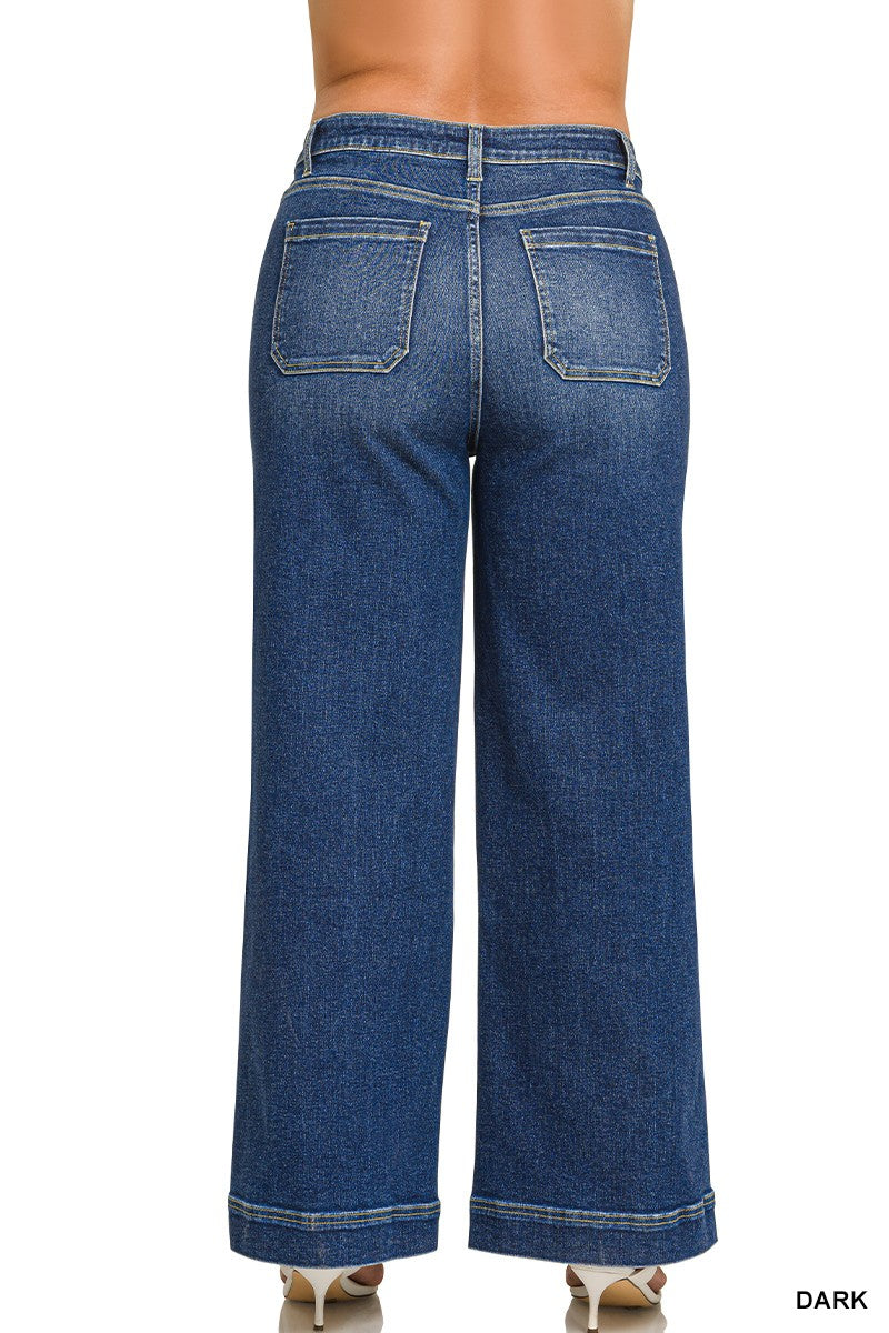 Plus High Rise Wide Leg Pintuck Denim Pants