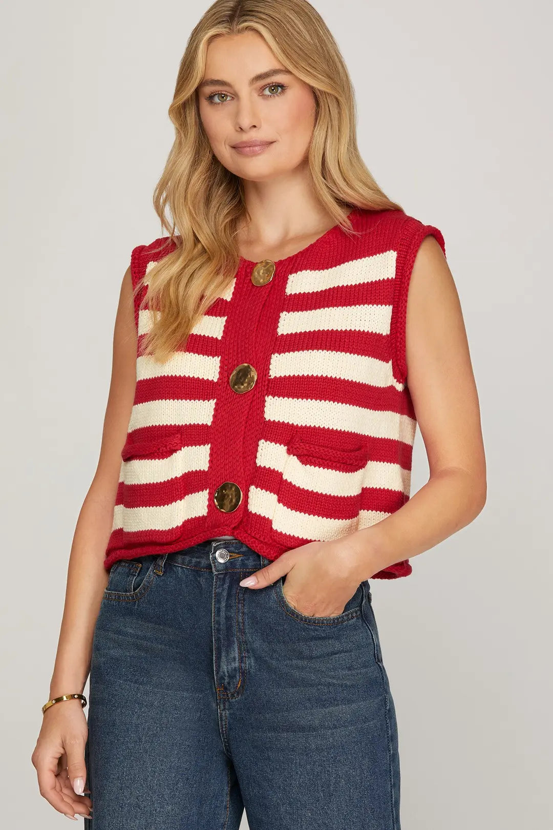 SLEEVELESS STRIPED BUTTON DOWN KNIT SWEATER VEST
