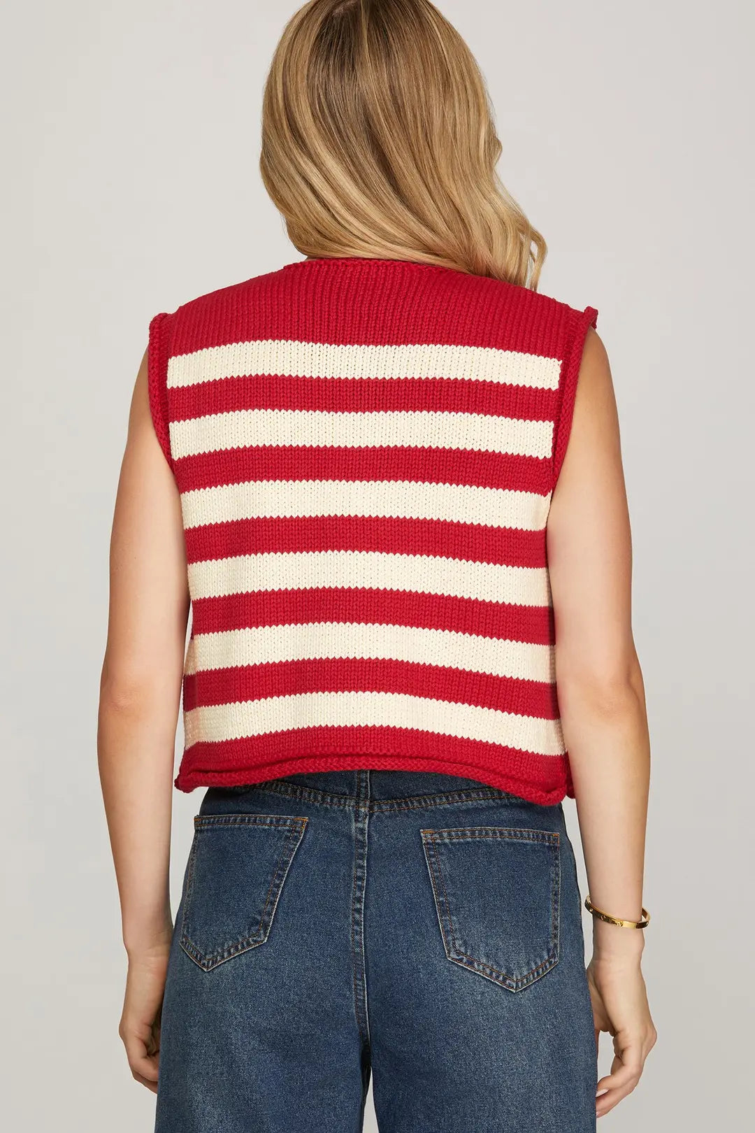 SLEEVELESS STRIPED BUTTON DOWN KNIT SWEATER VEST