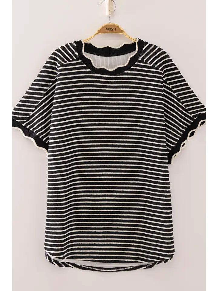 Scallop Trim Stripe Knit Top