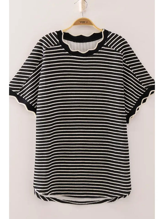 Scallop Trim Stripe Knit Top