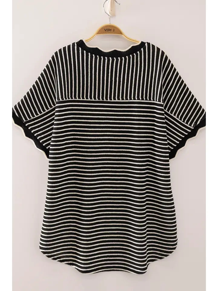 Scallop Trim Stripe Knit Top