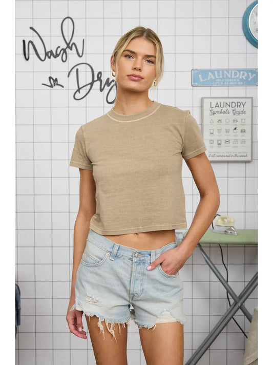Washed Short Sleeve Cropped Knit T-Shirt