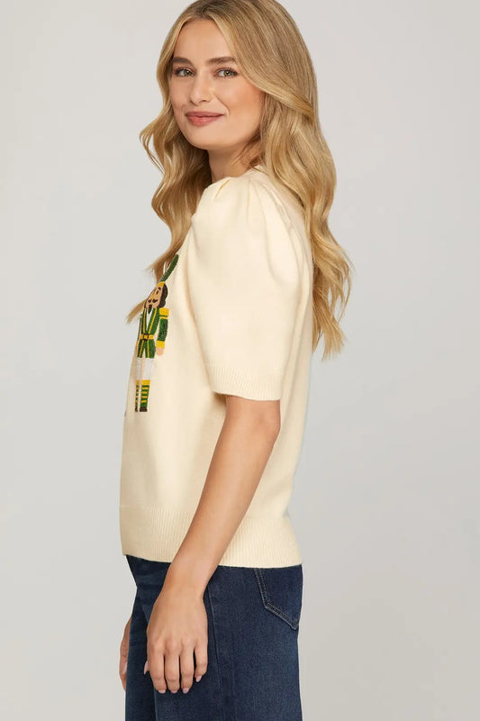 HALF SLEEVE NUTCRACKER SEQUIN PATCHED SWEATER TOP