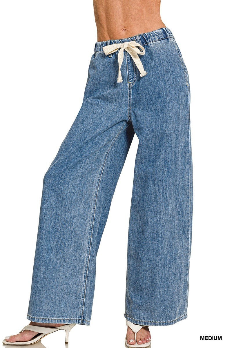 Wide Leg Drawstring Elastic Waistband Denim Pants