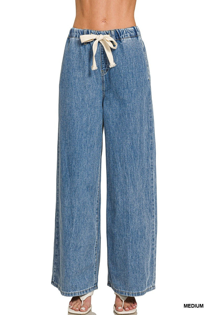 Wide Leg Drawstring Elastic Waistband Denim Pants