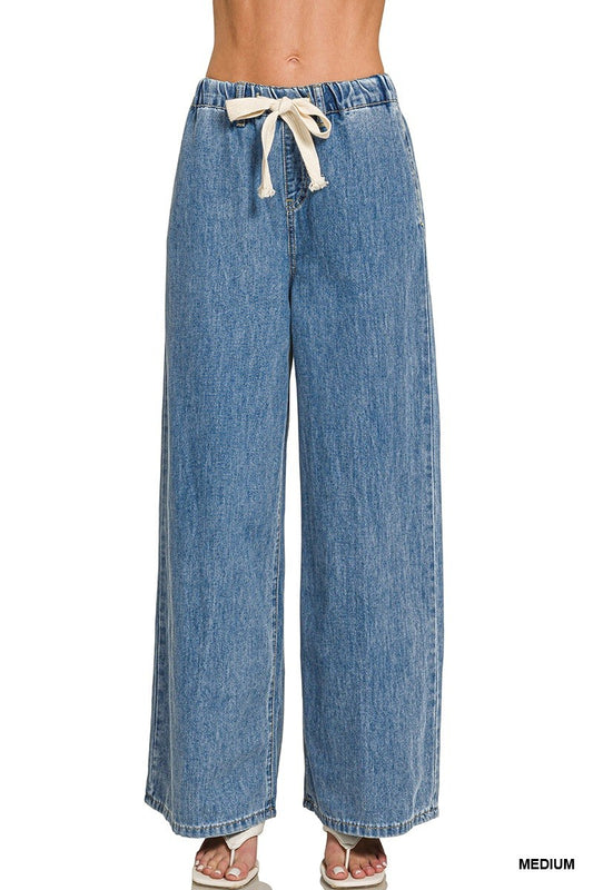 Wide Leg Drawstring Elastic Waistband Denim Pants